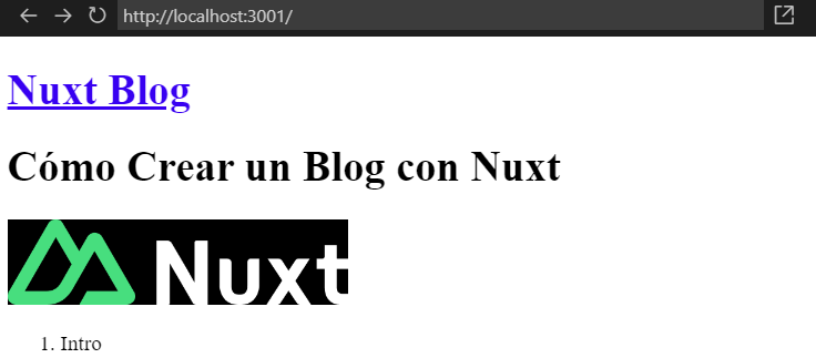 Web en Nuxt Content con una imagen funcionando